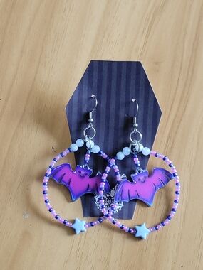 🧋NEW🧋Hand Crafted Purple Bat Hoop Earrings with Star Charm